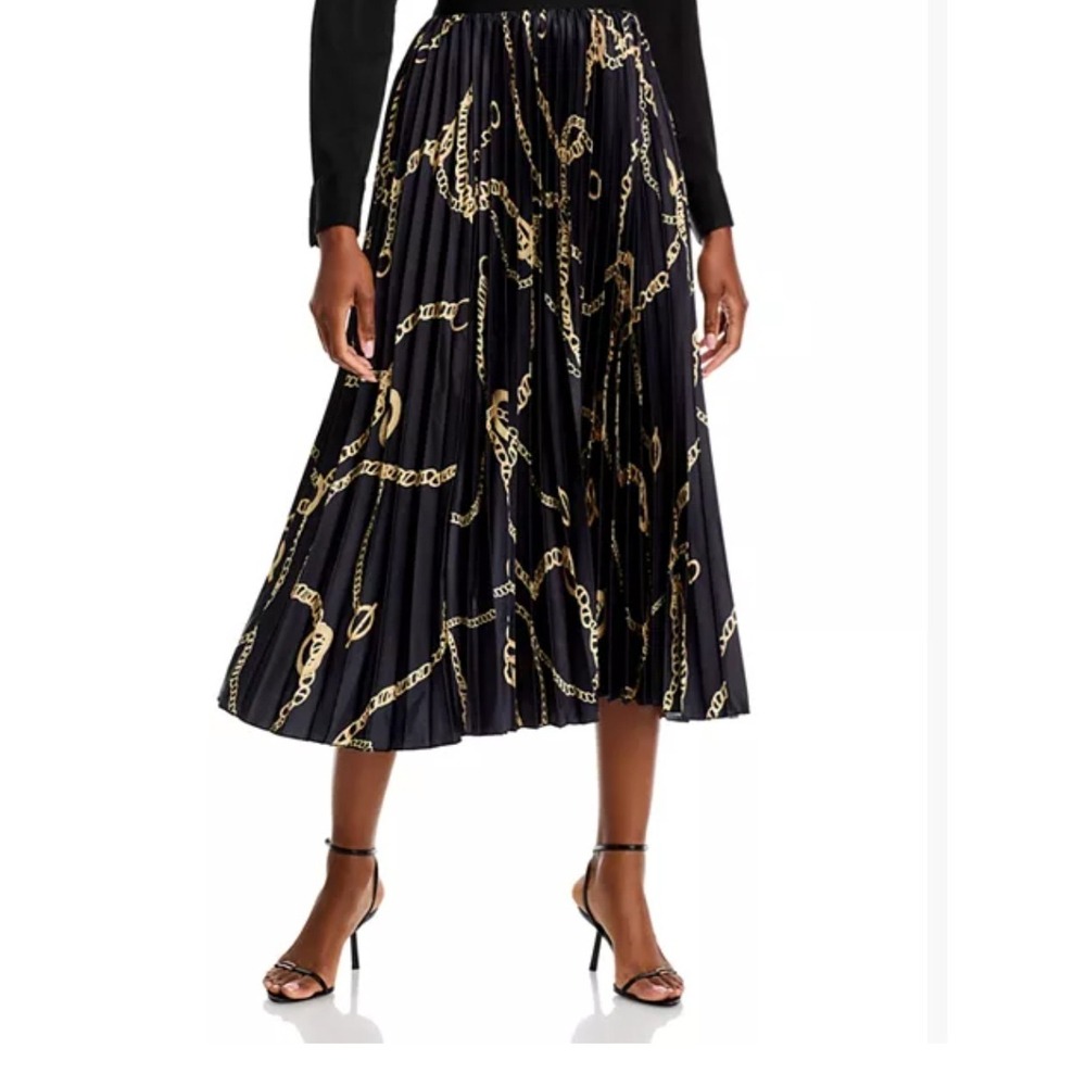 N BYNANCY Black Gold Chain Print Pleated Midi Skirt Metallic High Waist Small